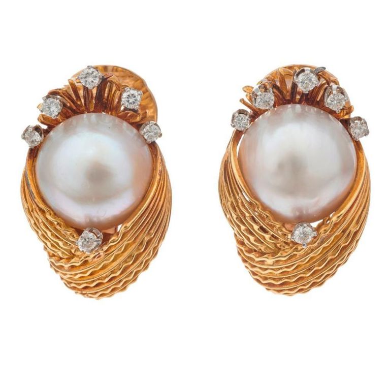 14k gold mabe pearl and diamond ear clips