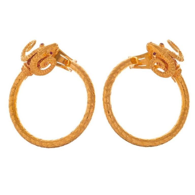 18k gold ram’s head hoop ear clips