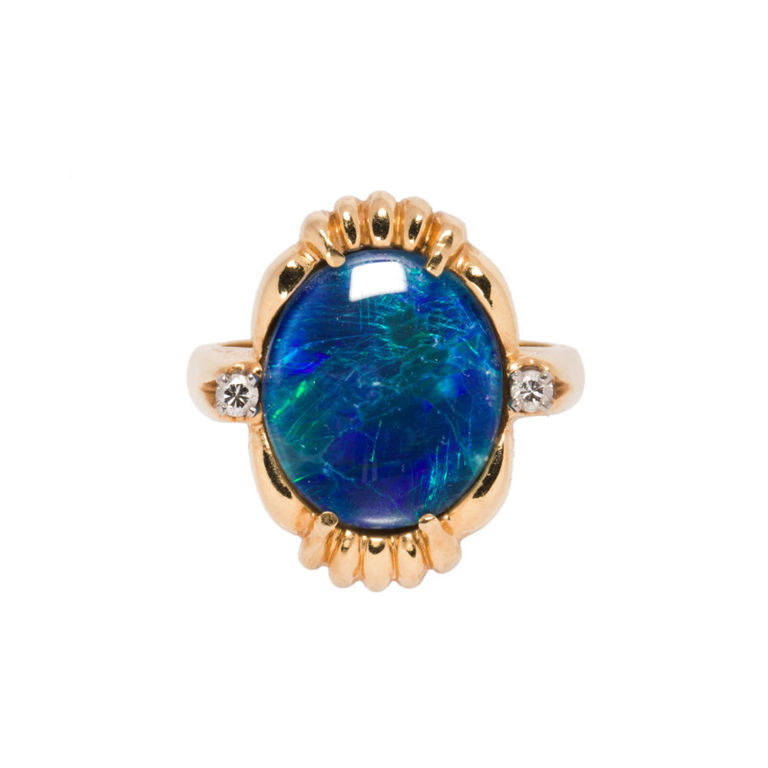 14k gold opal doublet and diamond ring