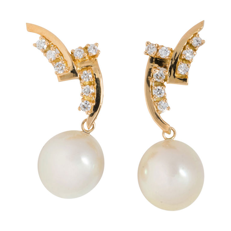14k gold diamond and cultured pearl earrings