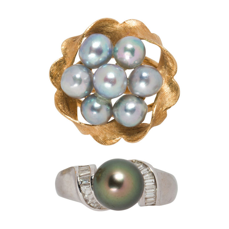 14k gold cultured pearl and diamond ring set
