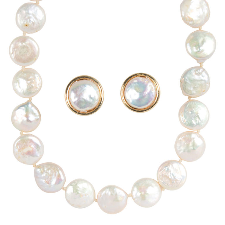 Cultured pearl necklace and 14k gold earrings