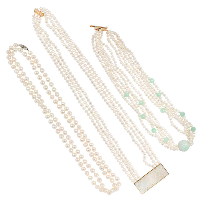 14k gold cultured pearl and jade necklace set