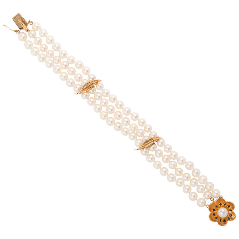 14k gold cultured pearl and sapphire bracelet