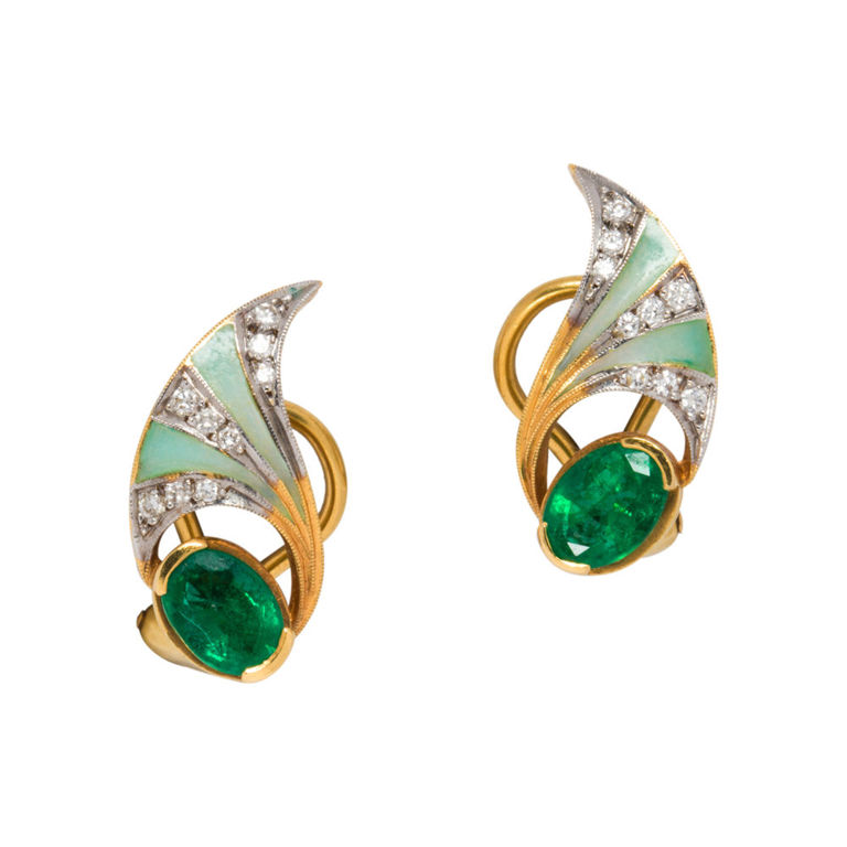 18k gold emerald enamel and diamond earrings
