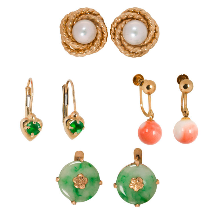 Four pairs of gem-set and gold earrings