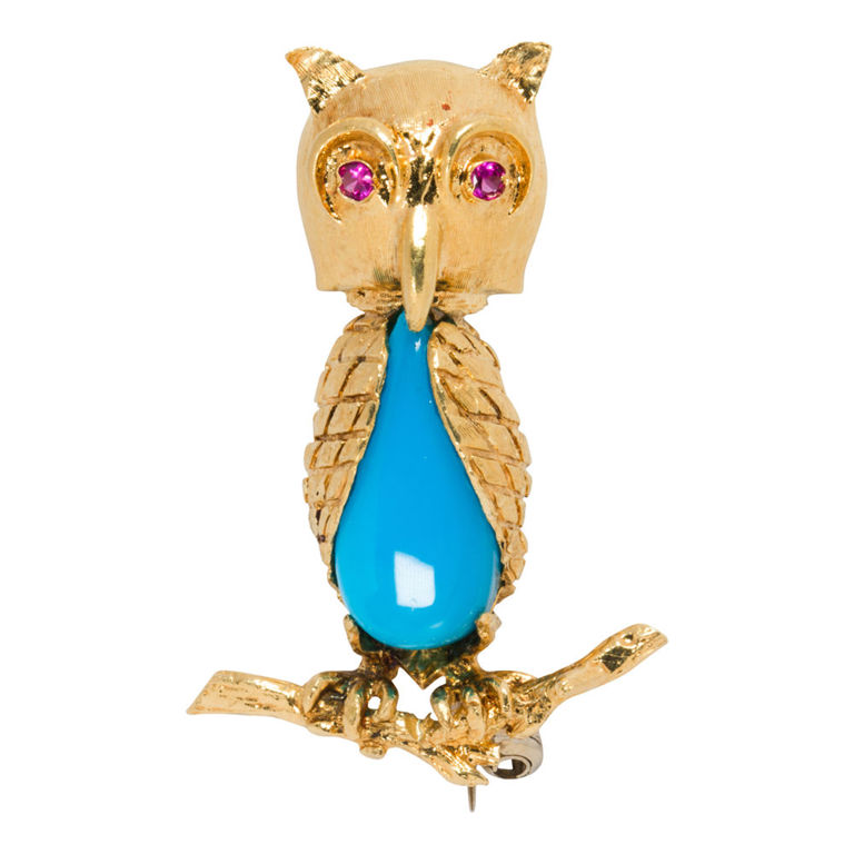 18k gold turquoise and ruby brooch