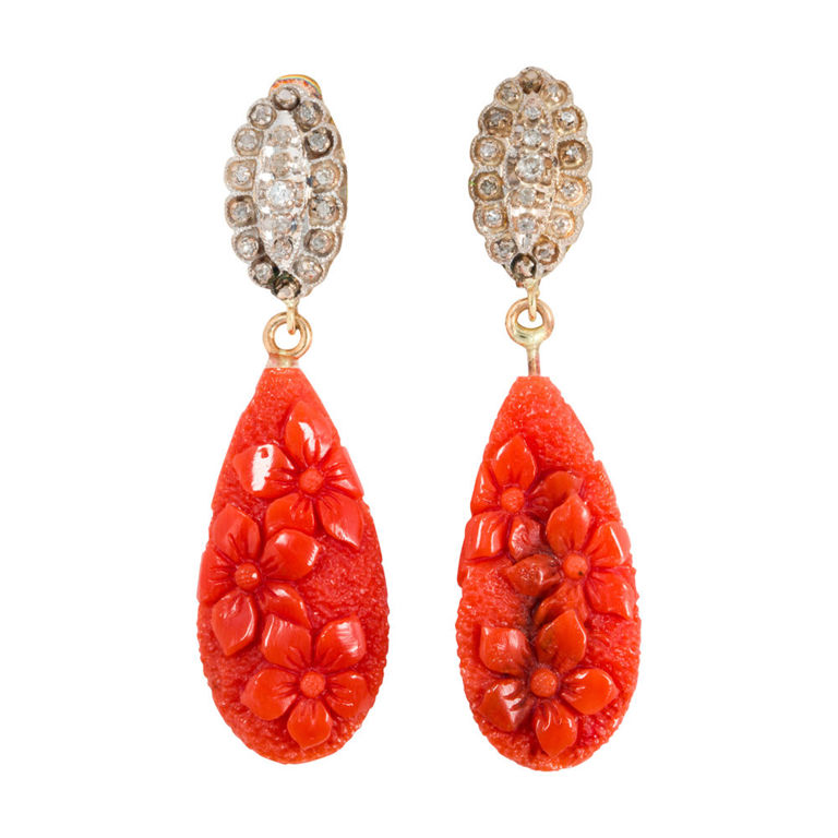 14k gold coral and diamond earrings