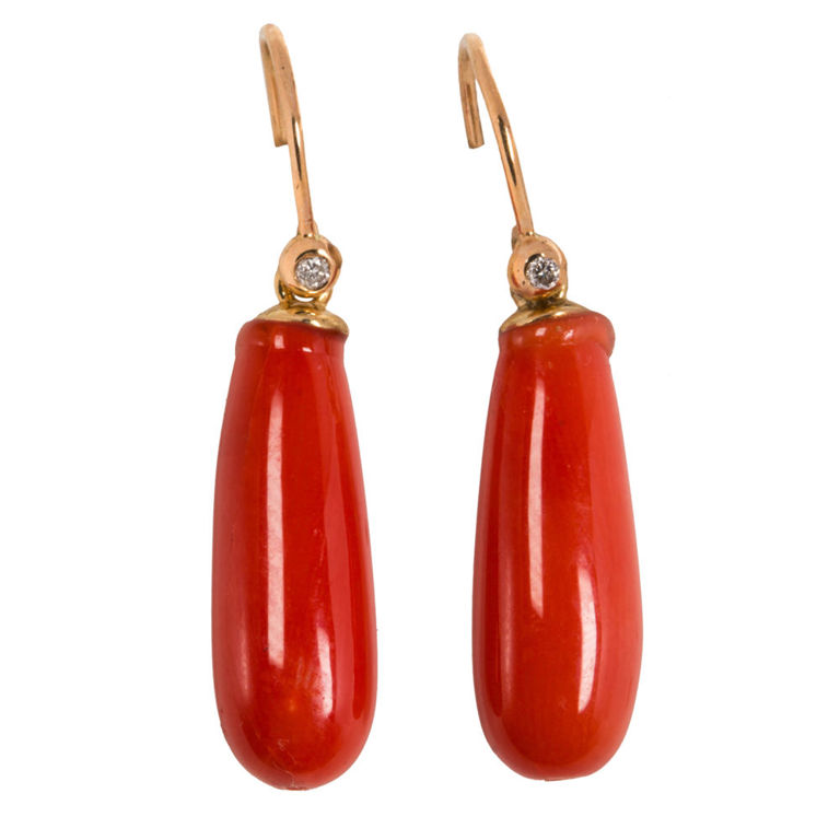 14k gold coral and diamond earrings