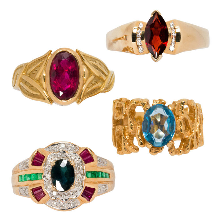 Four diamond and gemstone gold rings