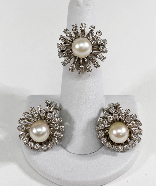 14k white gold pearl and diamond set