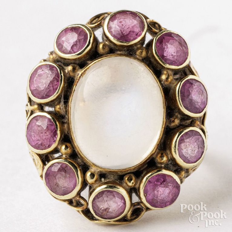 14k yellow gold moonstone and sapphire ring