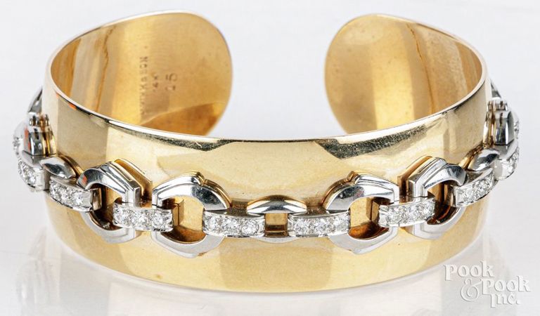 14k yellow gold and platinum diamond cuff bracelet