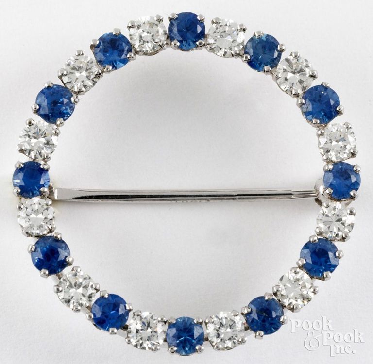 14k white gold diamond and sapphire brooch