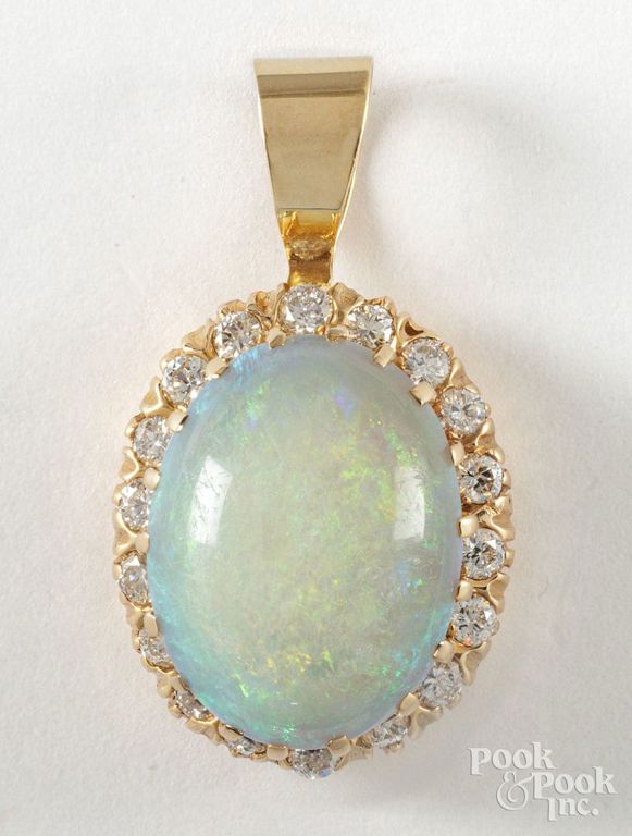 14k yellow gold opal and diamond pendant