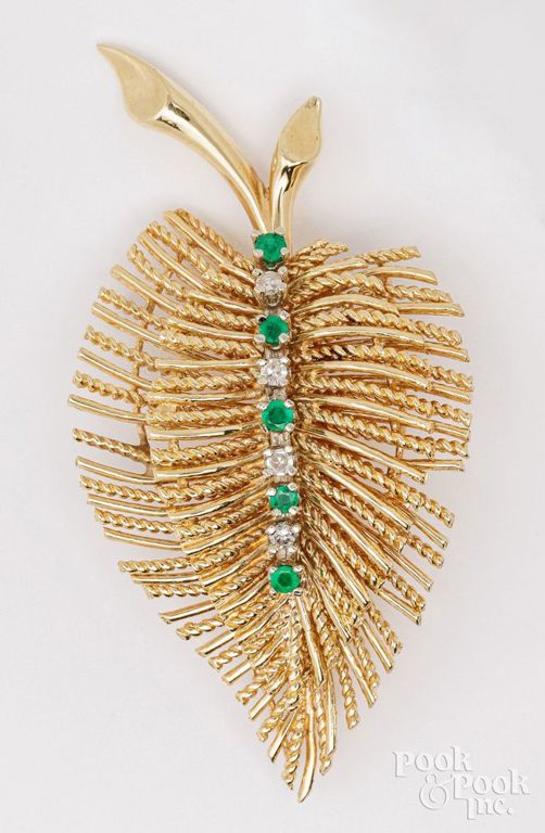 14k yellow gold emerald and diamond brooch