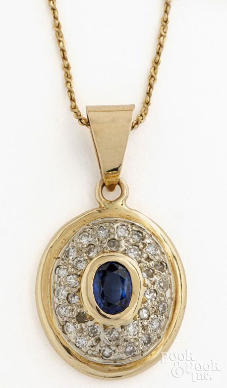 14k yellow gold necklace with sapphire and diamond pendant
