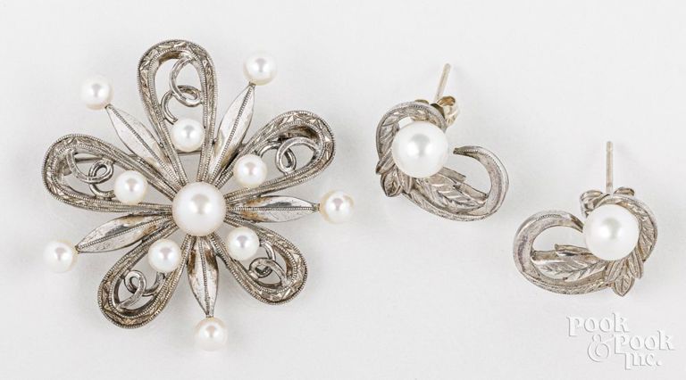 Sterling silver pearl brooch and matching earrings
