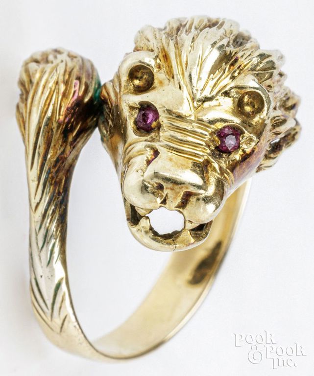 14k yellow gold ruby lion ring