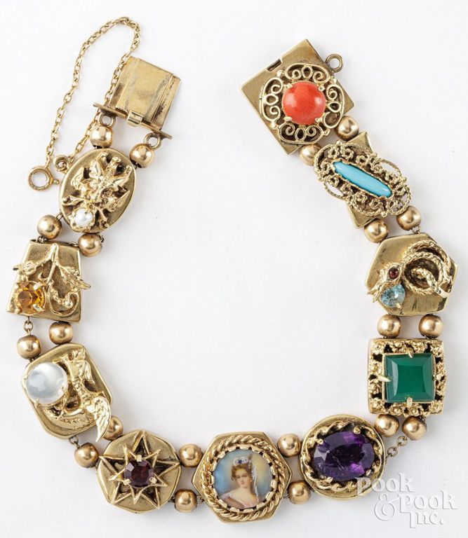 14k gold coral, amethyst, turquoise, garnet and citrine charm bracelet