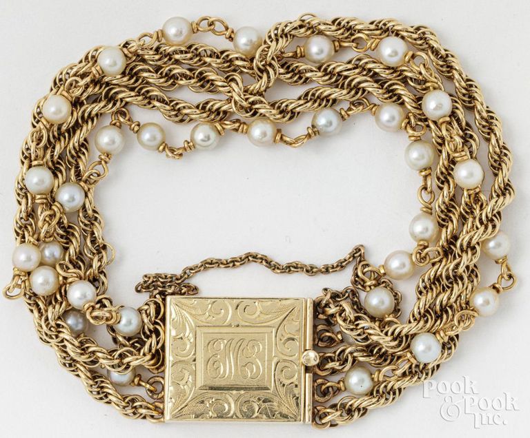 14k yellow gold multi-strand pearl bracelet