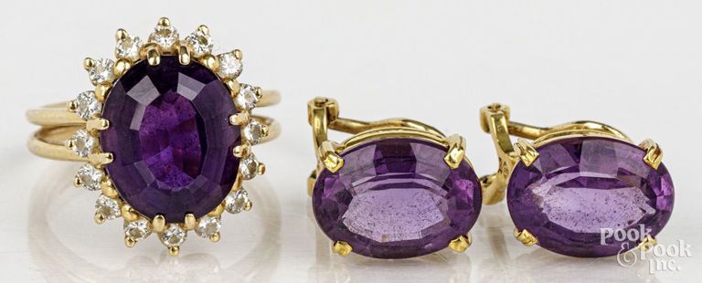 18k and 14k gold amethyst and diamond earrings and ring