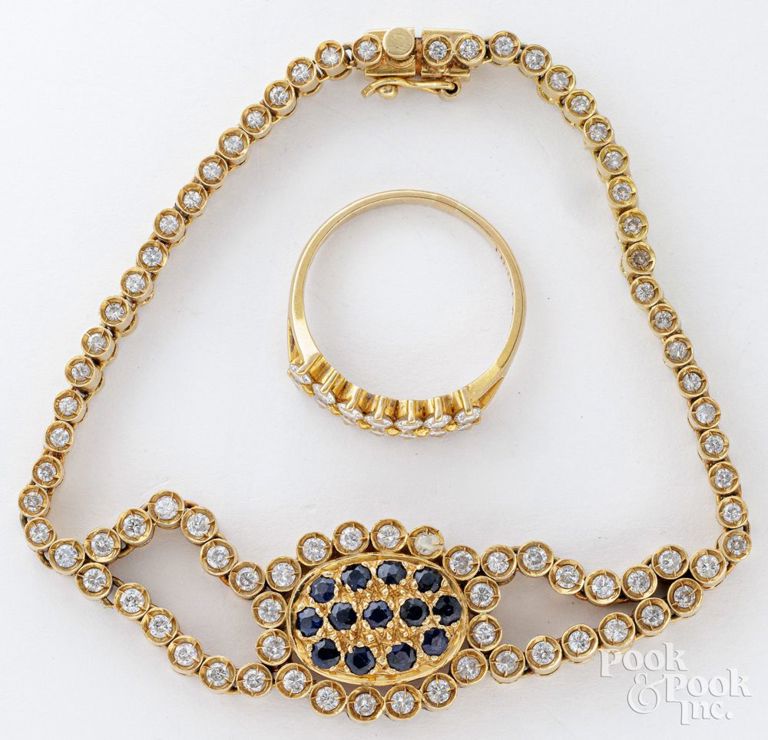 18k yellow gold sapphire and diamond bracelet and ring