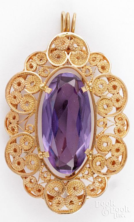 14k rose gold synthetic sapphire brooch/pendant