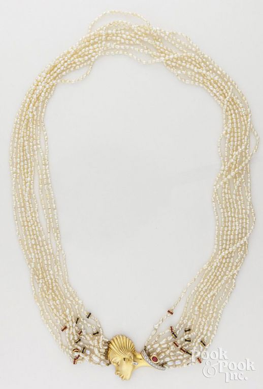 18k gold pearl necklace with diamonds, rubies and sapphires