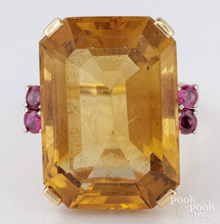 14k yellow gold citrine and ruby cocktail ring