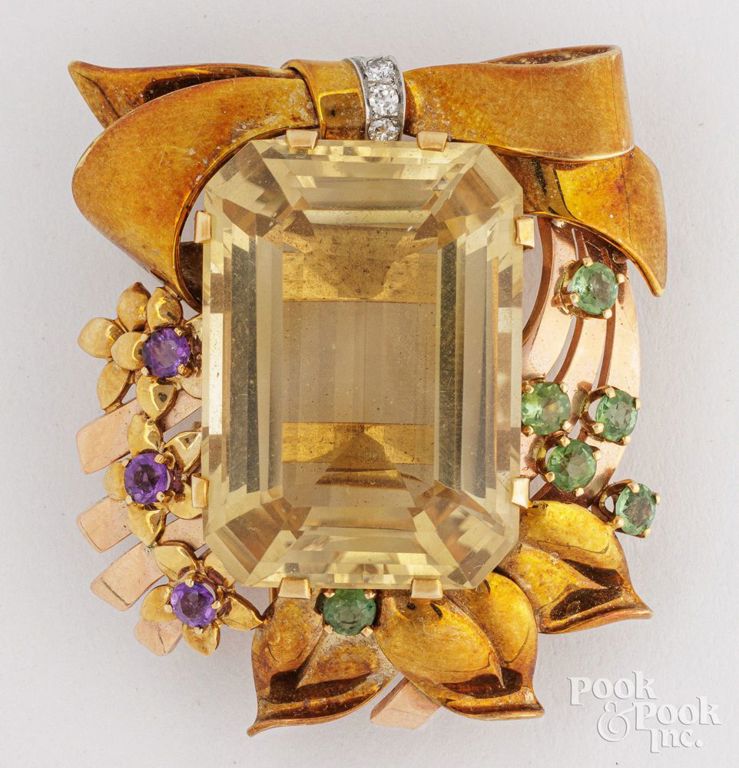 14k gold citrine, diamond, amethyst and sapphire brooch