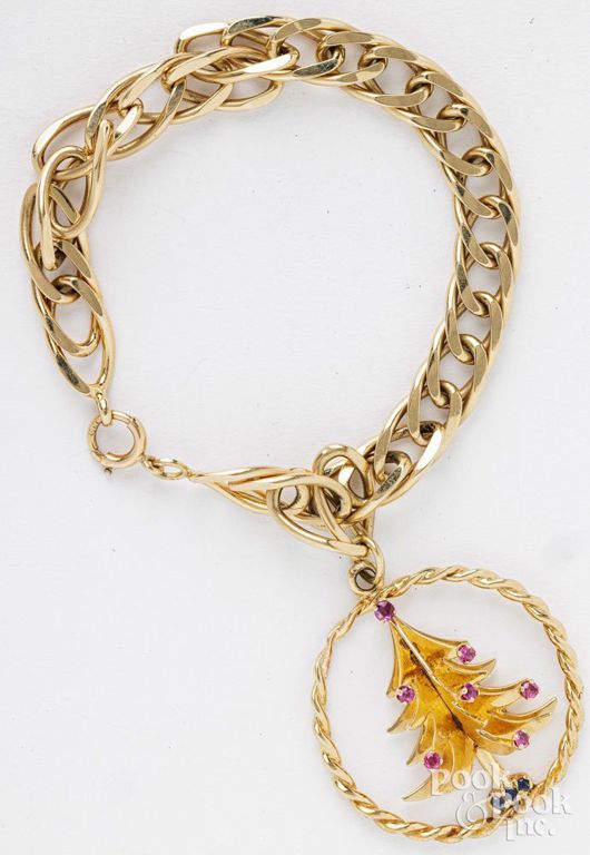 14k yellow gold ruby charm bracelet