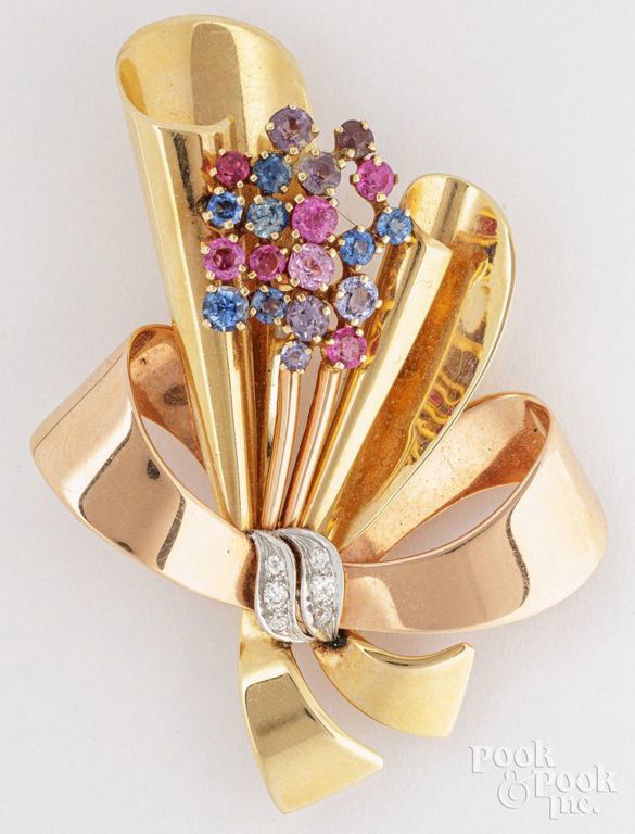 14k gold diamond and gemstone brooch