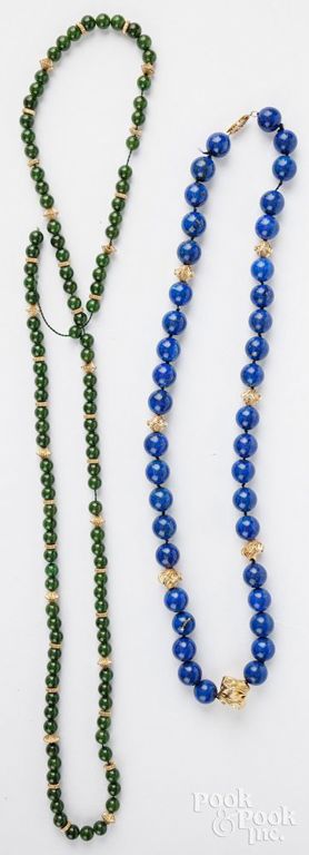 14k gold lapis bead necklace and 14k gold agate bead necklace