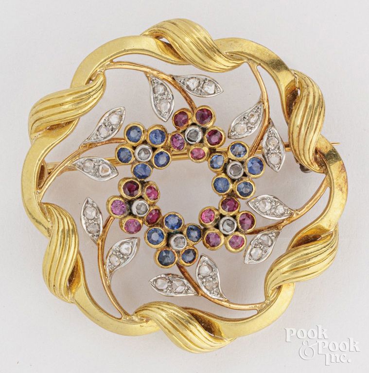 18k yellow gold sapphire, ruby and diamond vine brooch