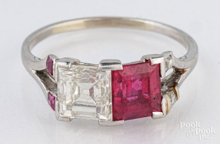 Platinum ruby and diamond two stone ring