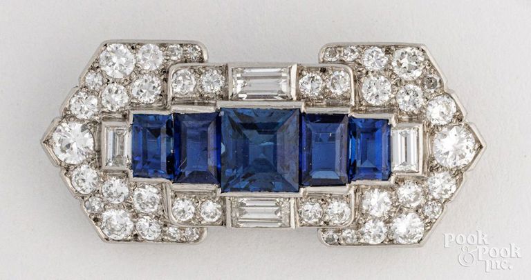 Platinum sapphire and diamond brooch