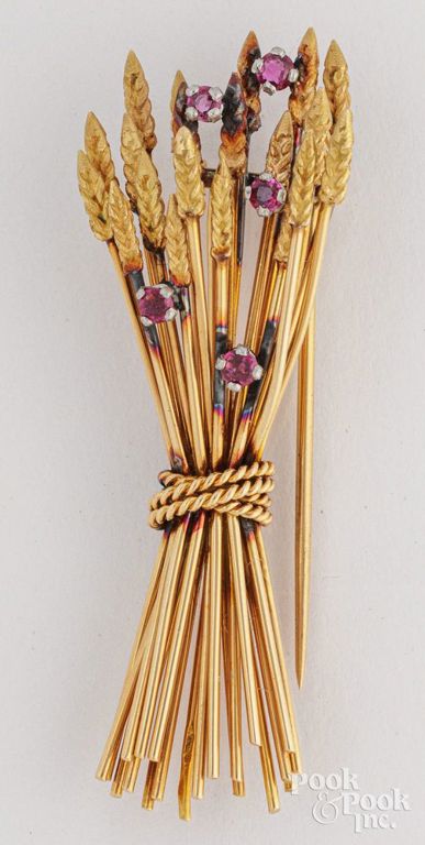 14k yellow gold ruby wheat brooch