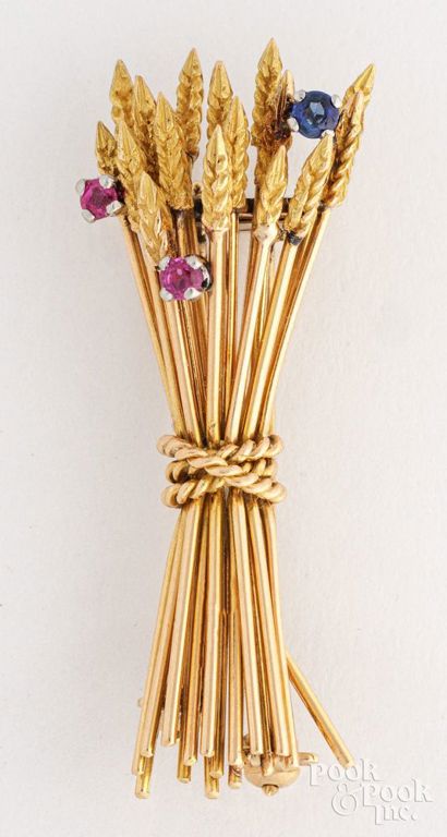 14k yellow gold sapphire and ruby wheat brooch