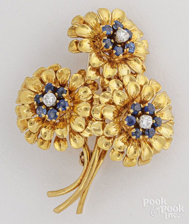 18k yellow gold sapphire and diamond flower brooch