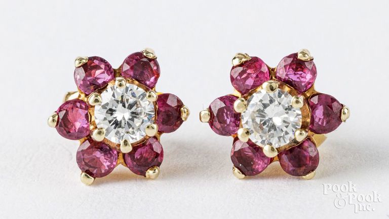 14k yellow gold ruby and diamond earrings