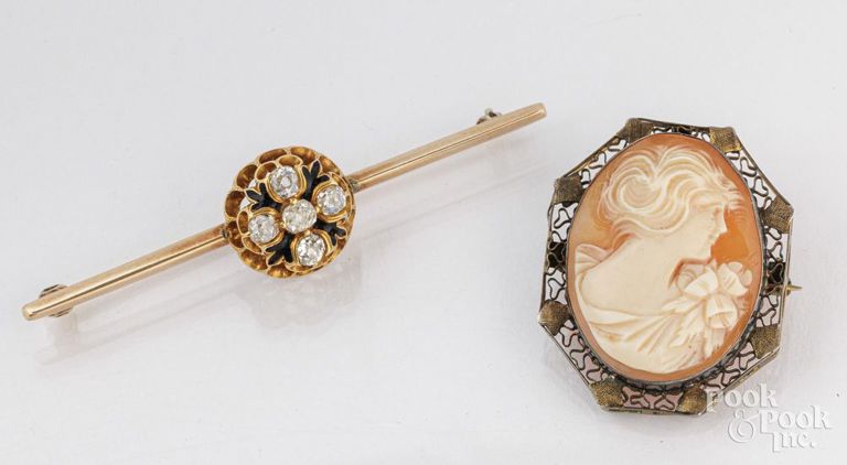 14k yellow gold diamond brooch and cameo pendant/brooch