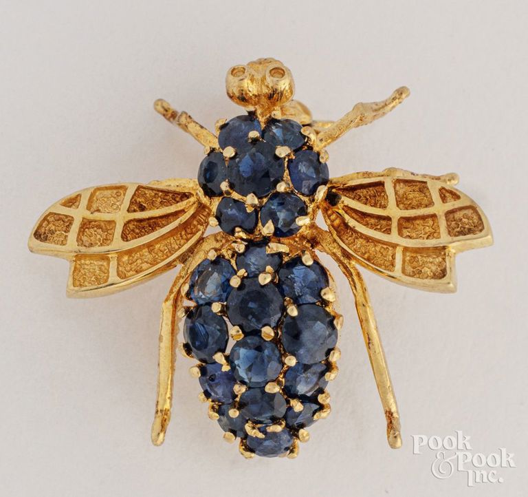 14k yellow gold sapphire bee brooch