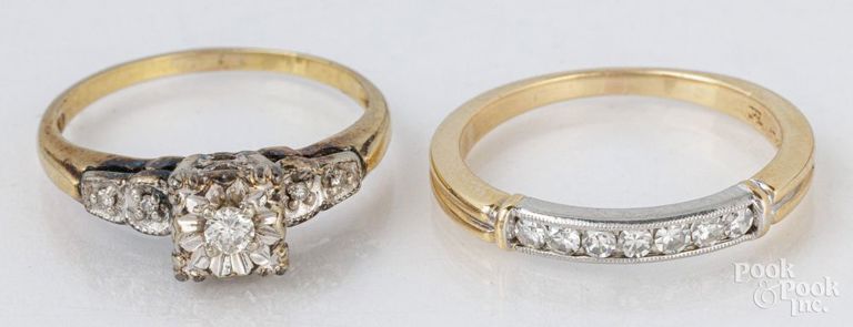 Two 14k gold and platinum diamond rings