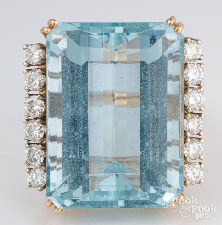 14k yellow gold aquamarine and diamond cocktail ring