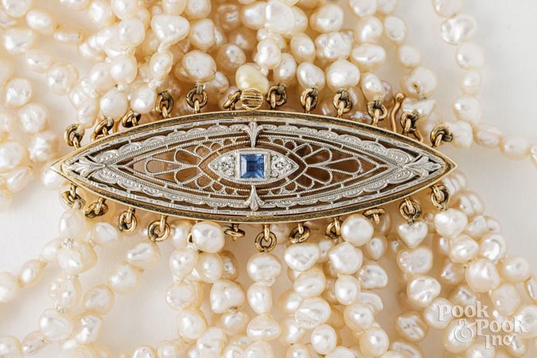 14k gold pearl, diamond and sapphire bracelet
