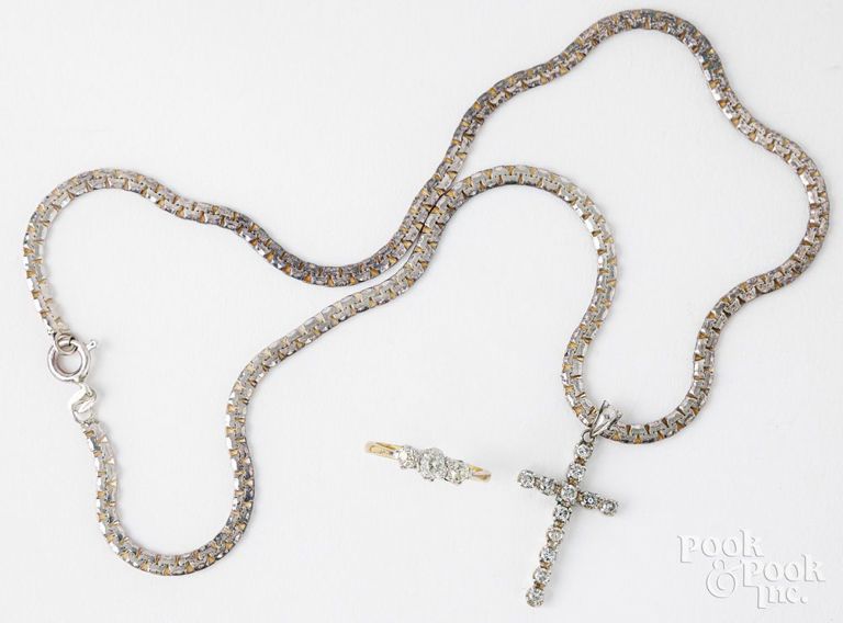 Silver necklace with 14k gold diamond cross and 13k gold diamond ring