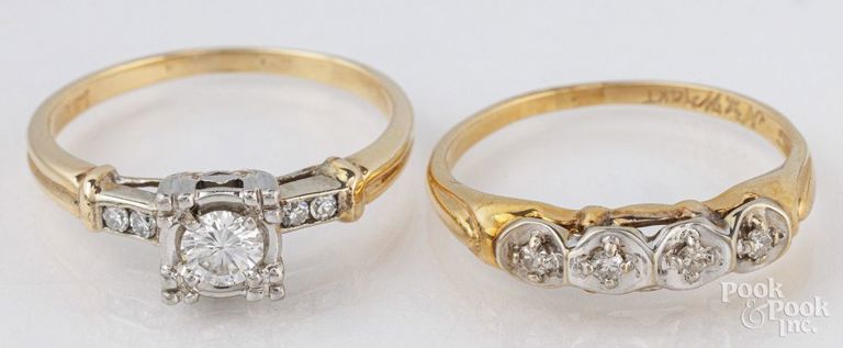 Two 14k yellow gold diamond engagement rings