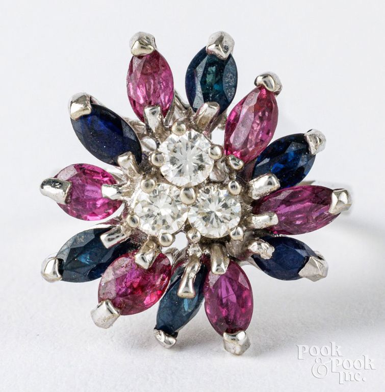 14k white gold diamond, sapphire and ruby ring
