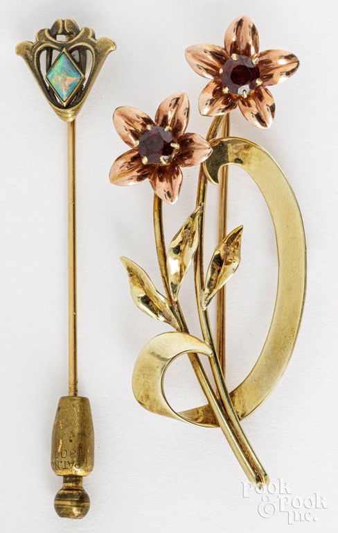 14k gold brooch and 14k gold opal stick pin